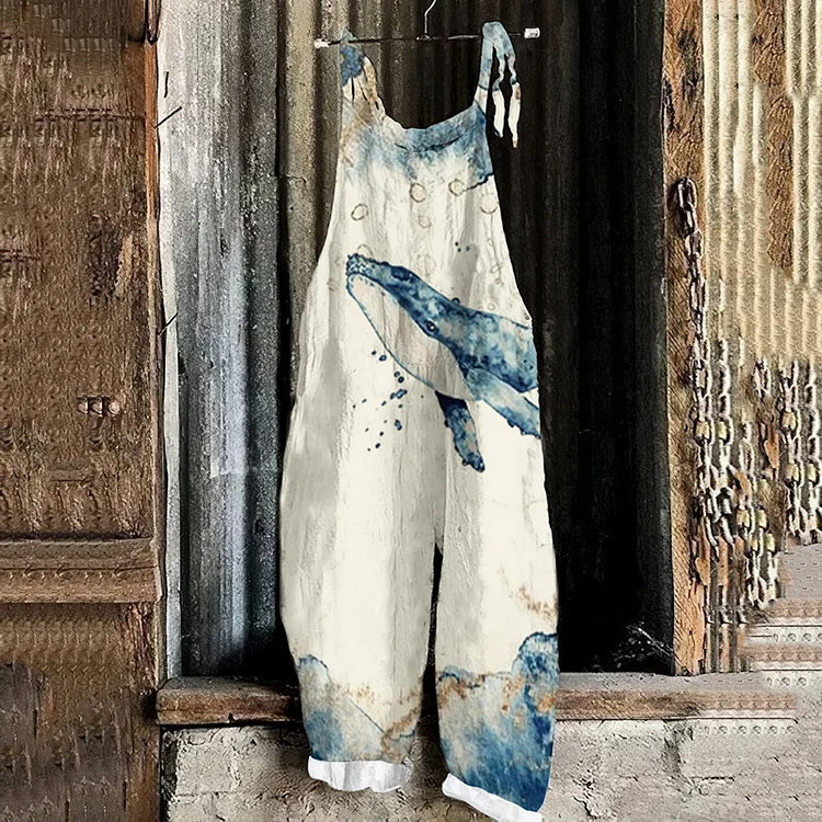 Vintage Whale Print Casual Art Linen Loose Casual Jumpsuit
