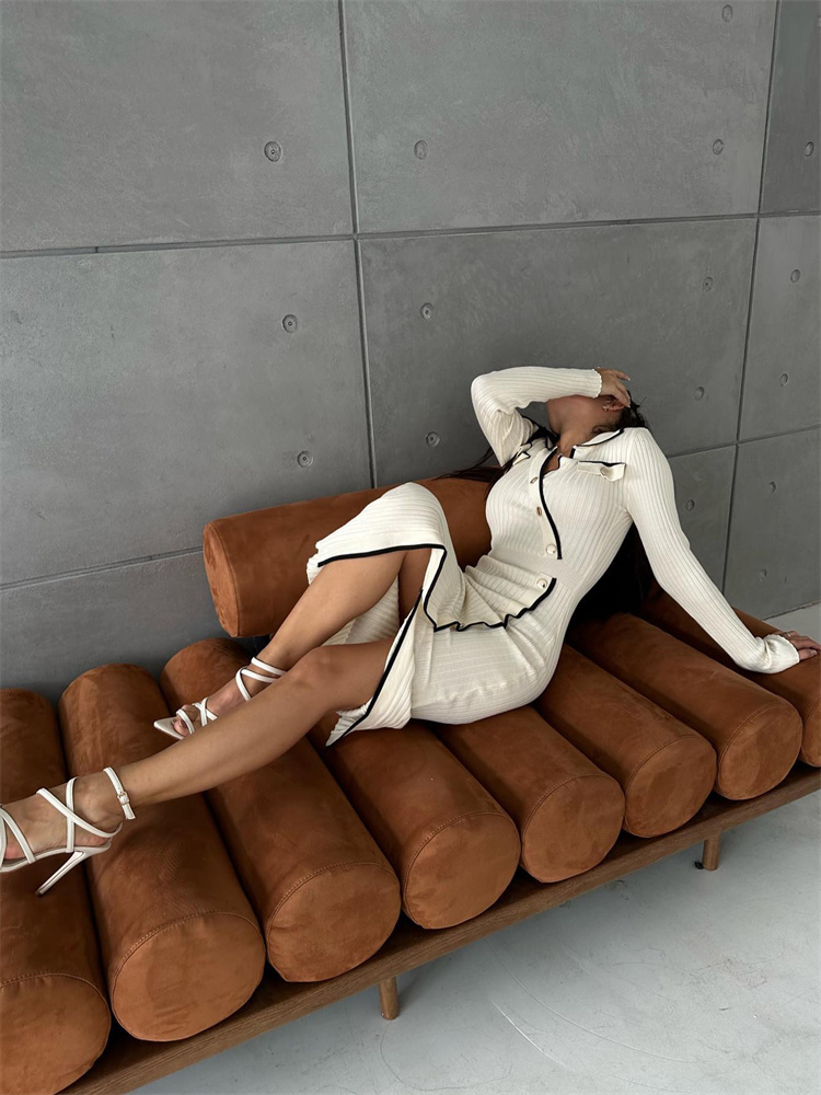 Ootddress White Patchwork Knit Maxi Dress For Women Slim Lace-Up High Waist Split Elegant Party Dress Fashion Lapel Knitwear Dress