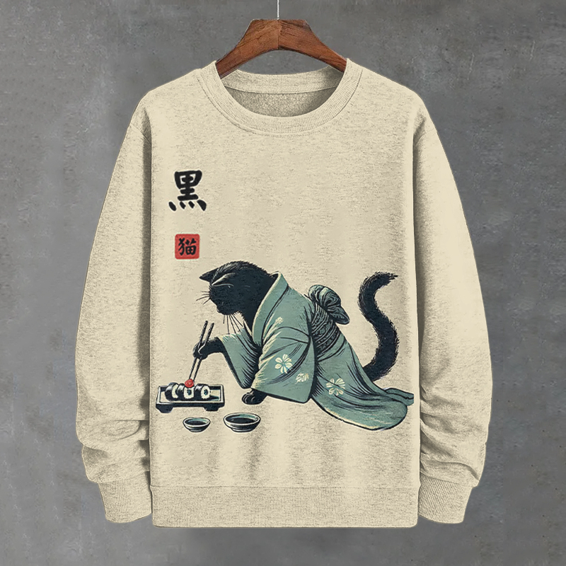 Men's Black Cat Japanese Art Print Casual Sweatshirt  artssus