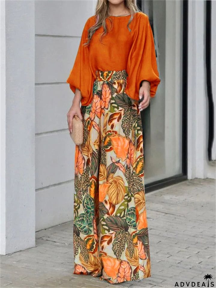Female New Lantern Sleeve Tops Printed Wide Leg Pants Set