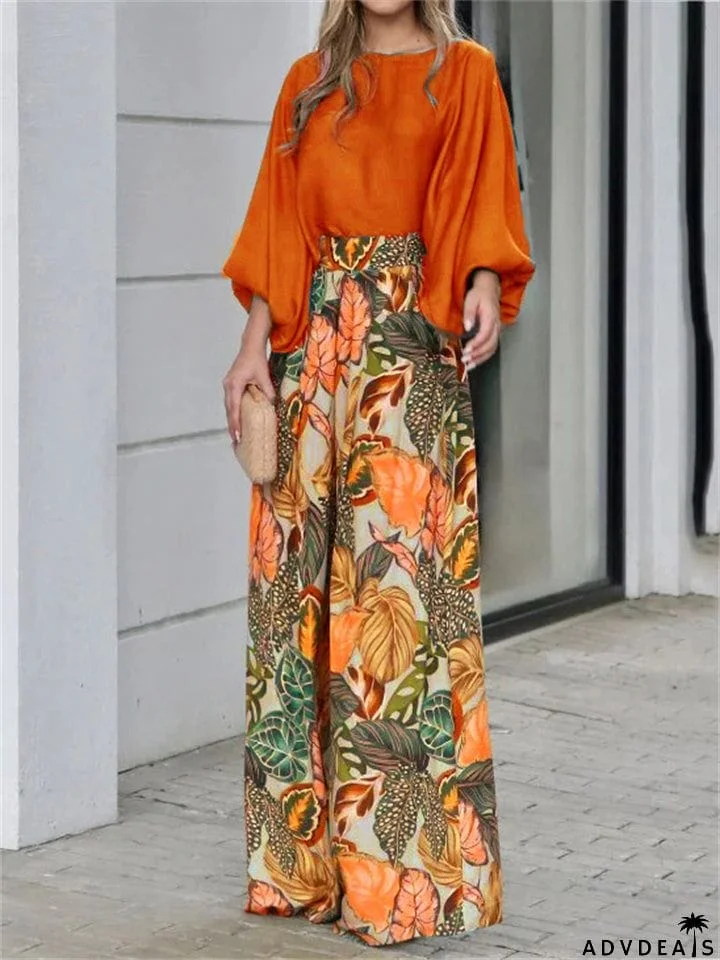 Female New Lantern Sleeve Tops Printed Wide Leg Pants Set
