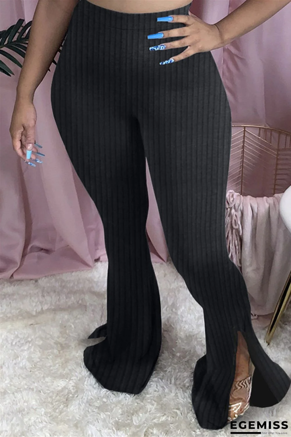 Black Fashion Casual Boot Cut Solid Trousers | EGEMISS
