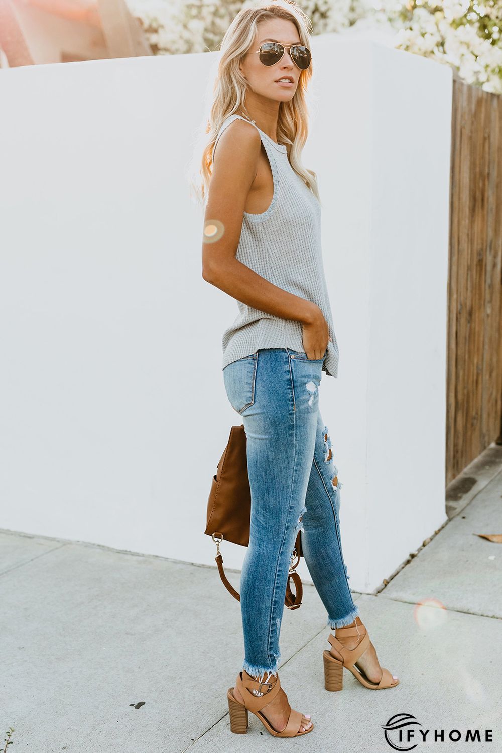 Gray Crew Neck Waffle Tank Top | IFYHOME