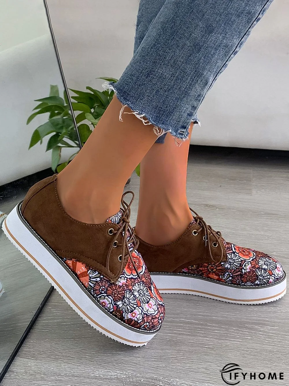 Floral Printed Patchwork Lace Up Shoes | IFYHOME