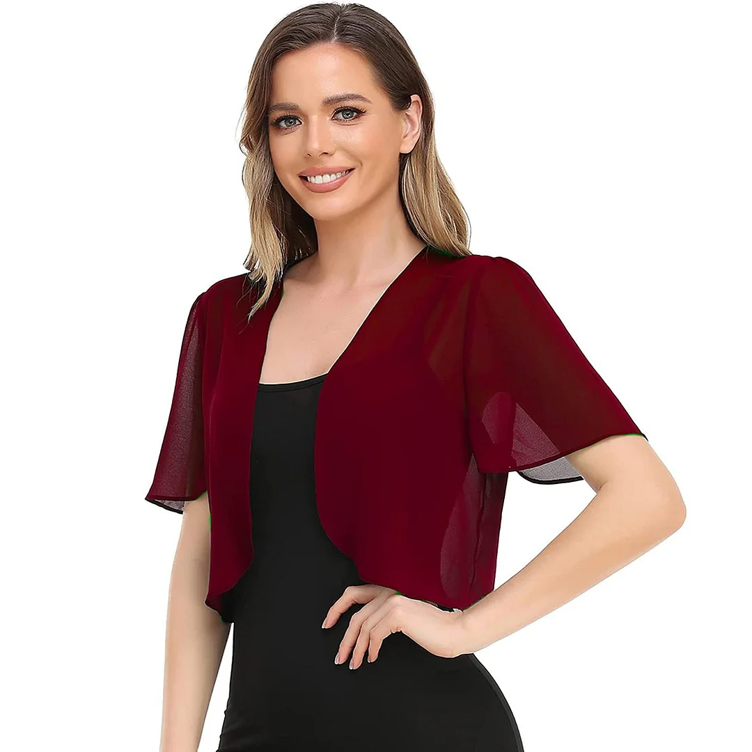 Uveng Splicing Chiffon Blouse Solid Color Short Sleeve Cardigan Thin Shawl