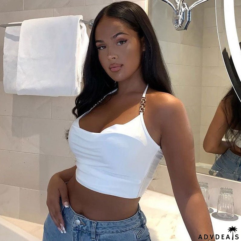 Stunning Metallic Trim Sleeveless Cowl Neck Halter Crop Top - White