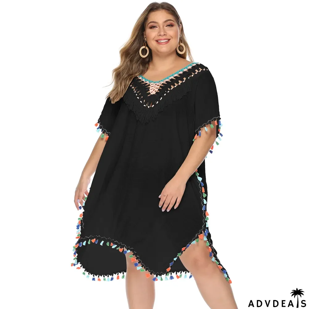 Plus Size Women's Irregular Hook Patchwork Multi-Color Tassel Deep V Sexy Loose Plus Size Beach Cover Up