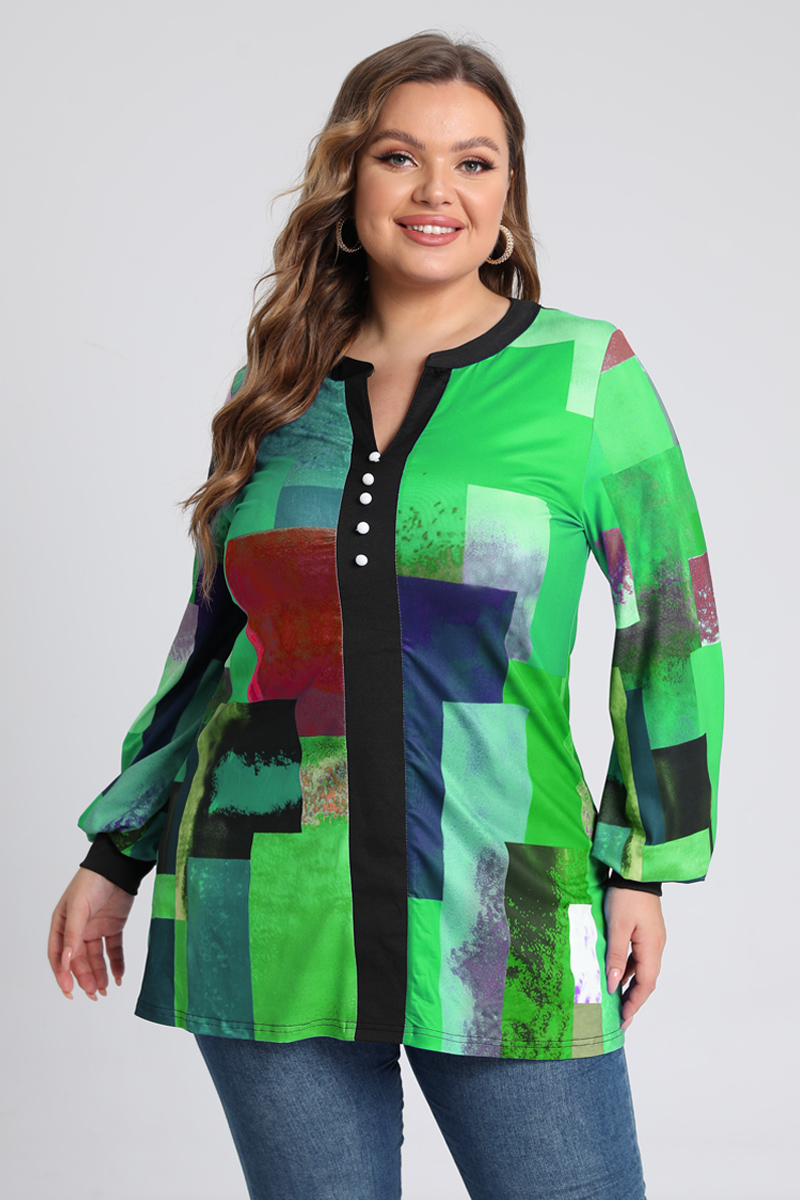 Plus Size Decorative Button Geometric Print Split Neck Blouse 2024 - Flycurvy 