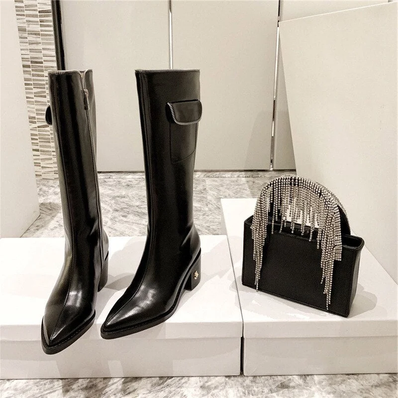 2021 Brand Design Winter Square Heel Knee High Boots Women Pointed Toe Chelsea Boots Leather Pocket Zipper Boots Botas Mujer