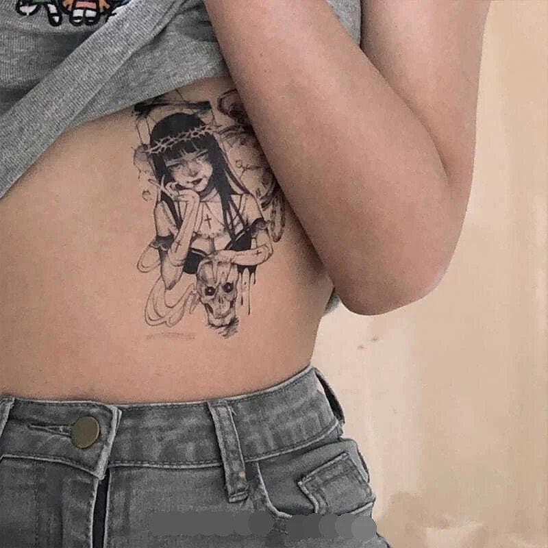 Dark Puppet Witch Waterproof Temporary Tattoo Stickers Female Skull Shackles Horror Art Fake Tattoos Flower Arm Tattoo Stickers
