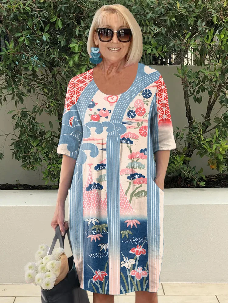 Japanese Floral Art Casual Pocket Midi Dress