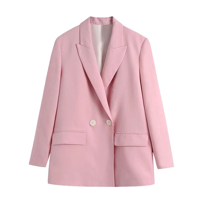 KPYTOMOA Women 2021 Fashion Double Breasted Loose Fitting Blazers Vintage Long Sleeve Pockets Female Outerwear Chic Veste Femme