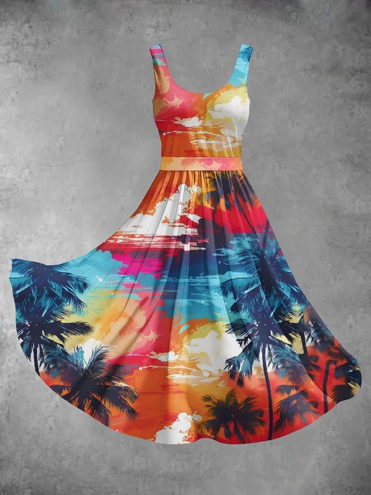 Women's Holiday Style Coconut Tree Rainbow Clouds Pattern Art Print Flowy Dress
