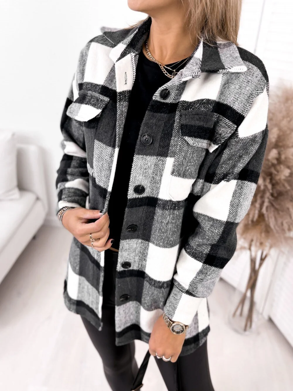 Jangj Casual Plaid Jacket Coat Woman Autumn Winter Button Long Sleeve Outwear 2021 Black Pocket Slim Woolen Cloth Coats Women Clothing