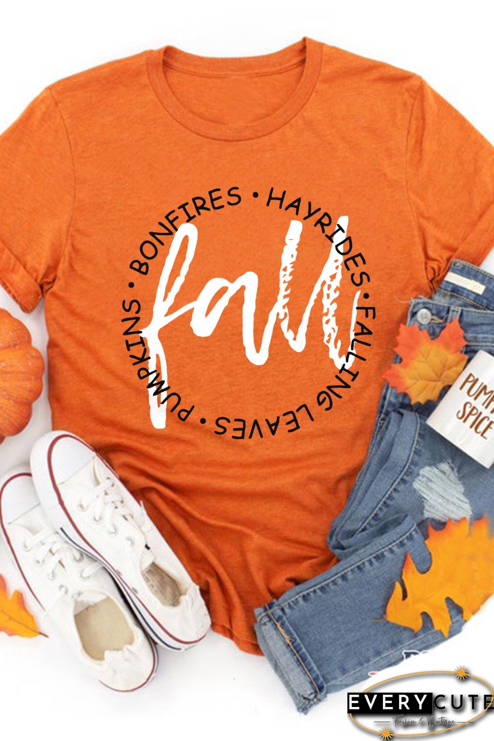 Orange Fall Letter Print Crew Neck Graphic T Shirt