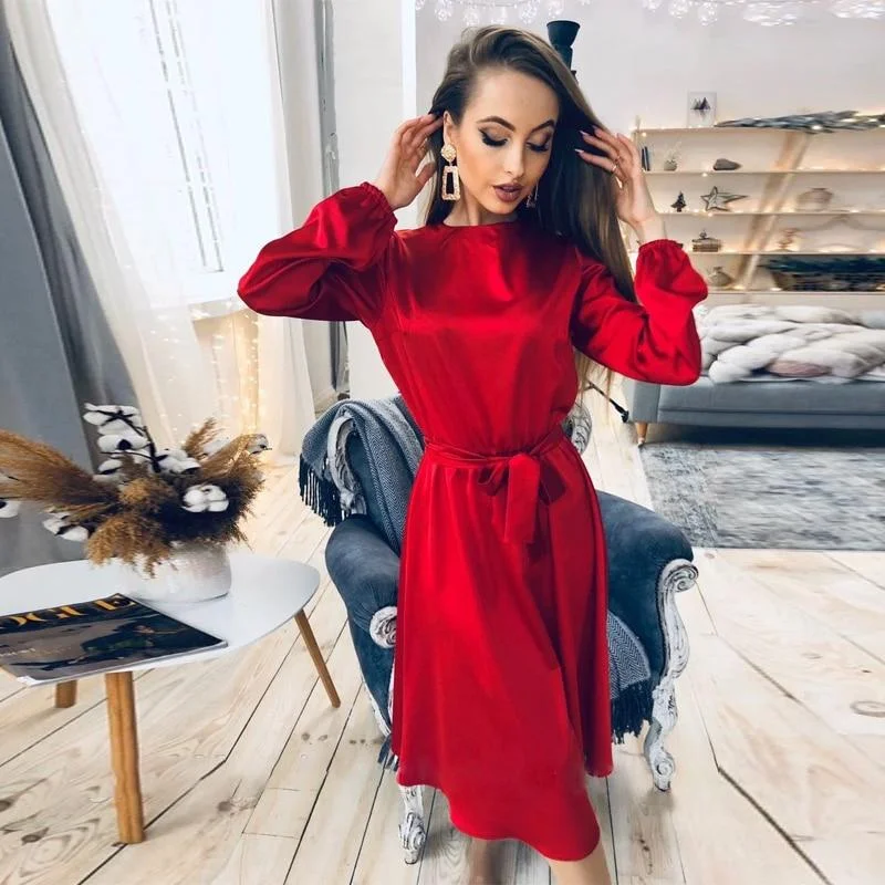 Women Solid Satin Casual Loose Dress O Neck Lantern Sleeve Sashes High Waist Elegant Mid Dress 2021 Spring New Women Party Dress