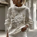 Women's Vintage White Rose Chunky Knit Turtleneck Sweater - Image 2