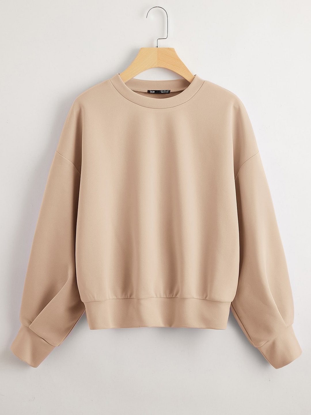 Drop Shoulder Fold Pleated Sleeve Solid Pullover