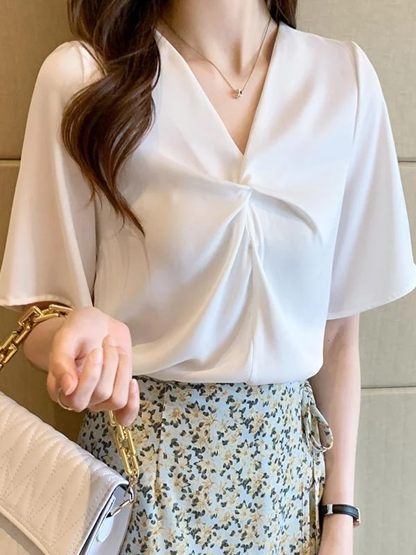 White Chiffon Shirt Short Fashion V-Neck Top Shirt