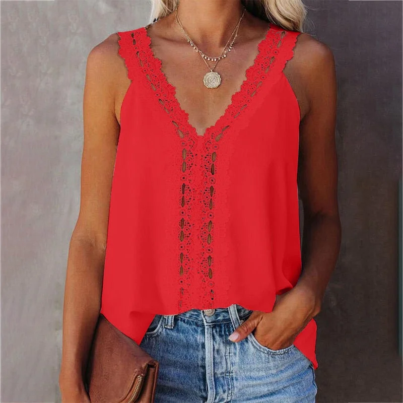 2021 Summer New Fashion Loose Solid Color Casual Sexy V Neck Sleeveless Ladies Tops Tanks Lace Basic T Shirt Women's Tops