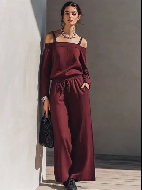 Women's Minimalist Solid Burgundy Linen-Blend Off-Shoulder Top & Wide-Leg Pants Set MD