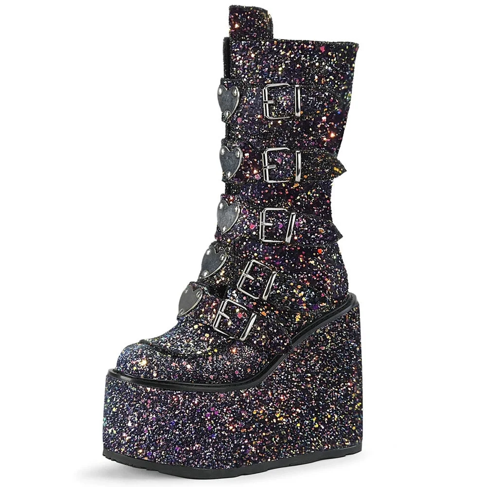 DoraTasia Goth Punk Women Mid Calf Boots Platform Wedges High Heels Bling Heart Boots Woman Street Fashion Sweet Cosplay Shoes