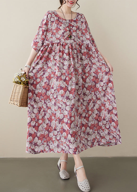 VCSHOES Red O-Neck Print Wrinkled Maxi Dress Short Sleeve