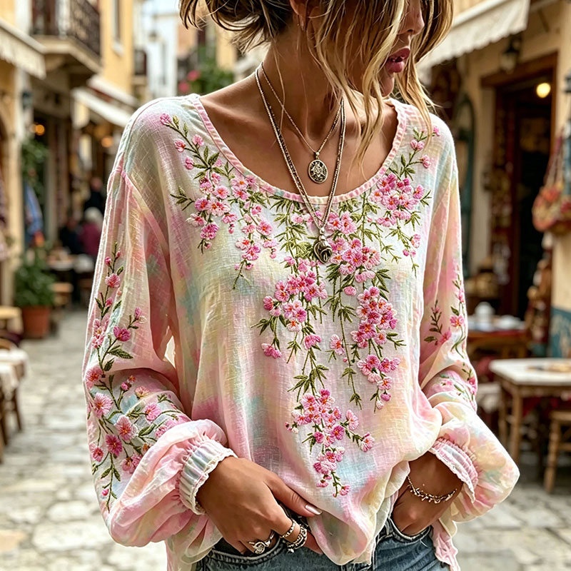 Women's Colorful Tie-dye Floral Art Print Casual Long-sleeve T-shirt elevenforest