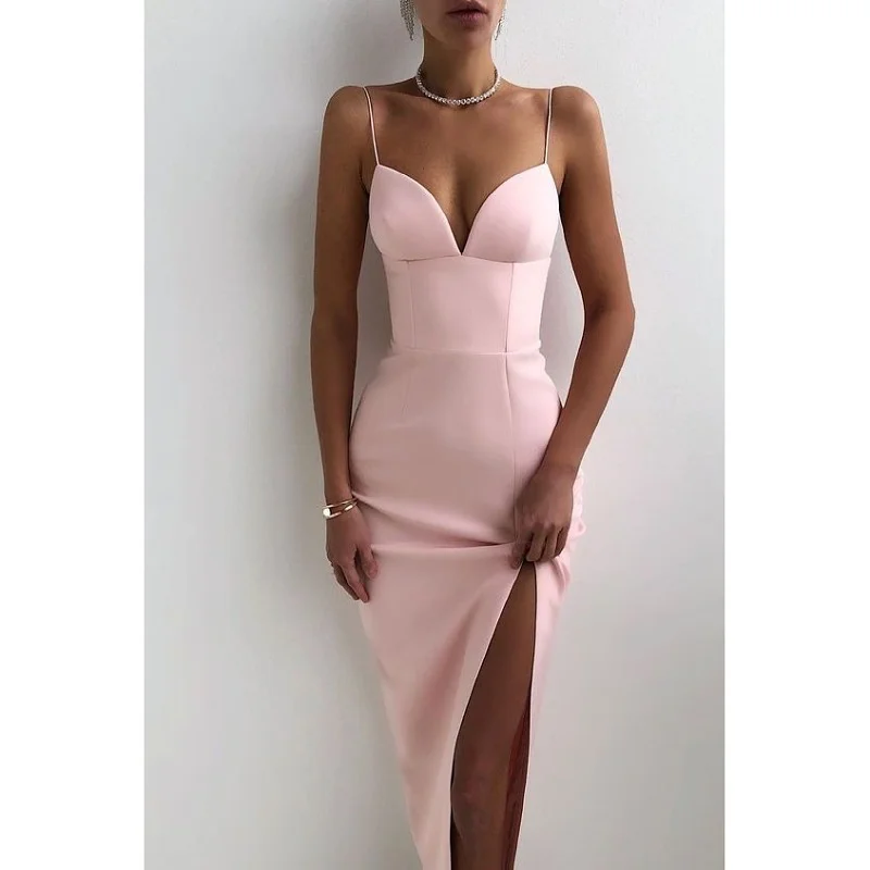 Huibahe Spaghetti Strap Solid Women Bandage Dresses Sleeveless Mid-Calf V-Neck Party Club Dress Sexy Fashion Elegant Dresses