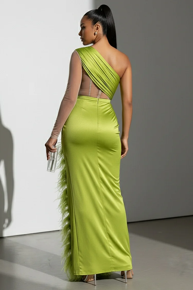 One Shoulder Cutout Slit Hem Feather Party Maxi Dresses-Green [Pre Order]