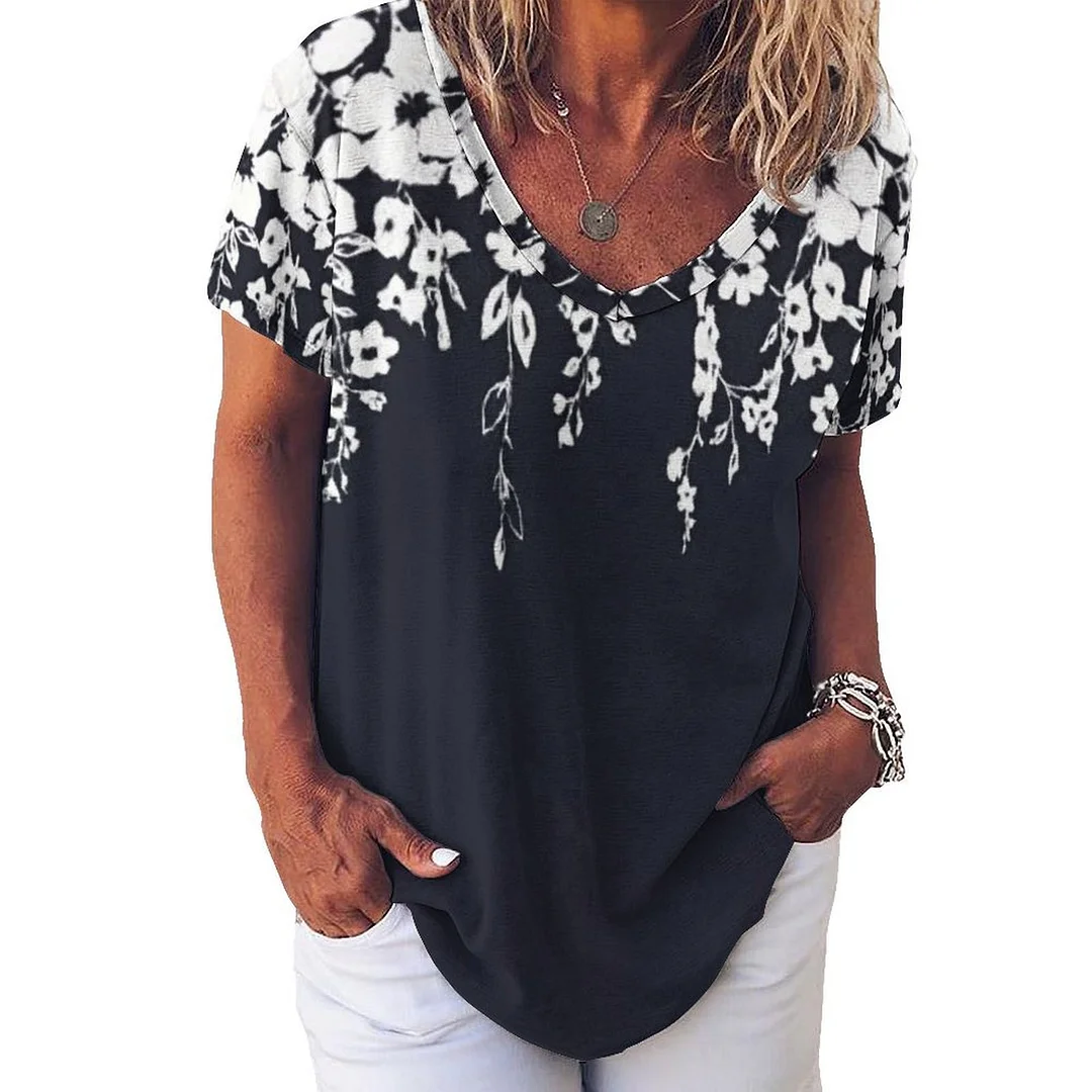 V-neck Short Sleeve Casual T-shirt for  Women Printed with Pattern Black, Floral, White