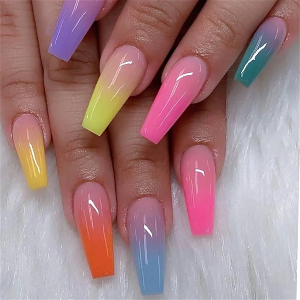 24pcs DIY Full Cover False Nail Tips Coffin Fake Nails Rainbow Gradient Candy Trapezoidal Fake Nails Ballet Wearable Nails-Nail Inspo