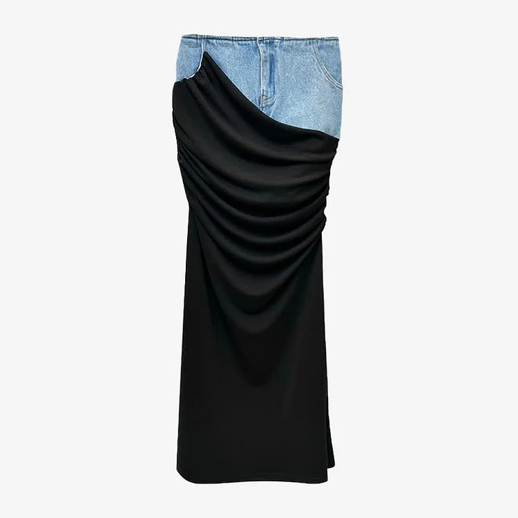 Chic High Waist Ruffled Patchwork Denim Skirt - Modakawa modakawa