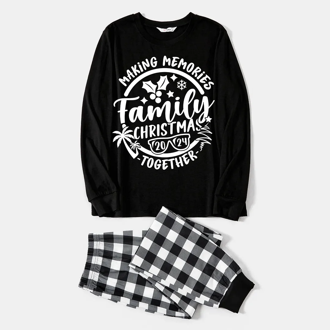 Christmas Make Memories Together 2024 Print Black Long Sleeve Top with Black And White Plaid Pants Family Matching Pajamas