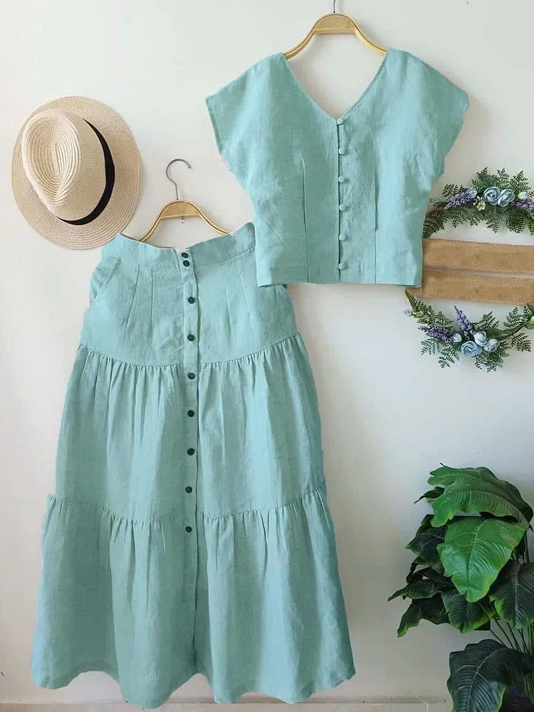Women's Simple Solid Color Linen Set