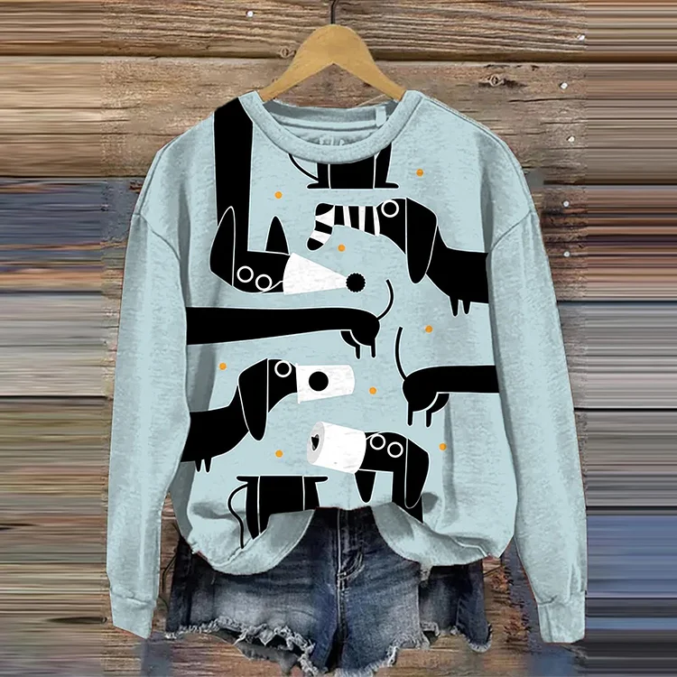 Comstylish Art Dog Print Crew Neck Casual Sweatshirt