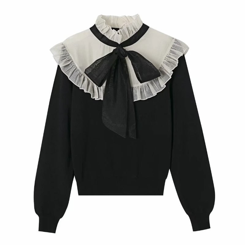 Women Contrast Color Organza Splicing Knitting Sweater Femme Long Sleeve Pullover Casual Lady Loose Tops SW960