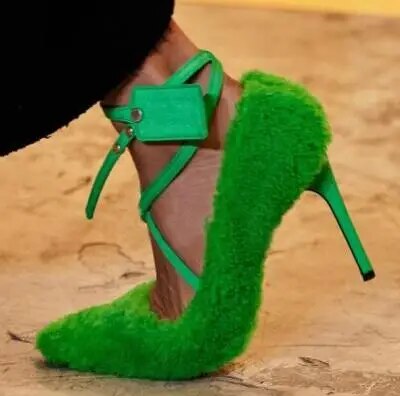 VCSHOES Woman Blue Red White Green Pink Fur Cross Shallow Pumps Pointed Toe Button Nail 10 Cm Thin Heels Party Pumps Shoes