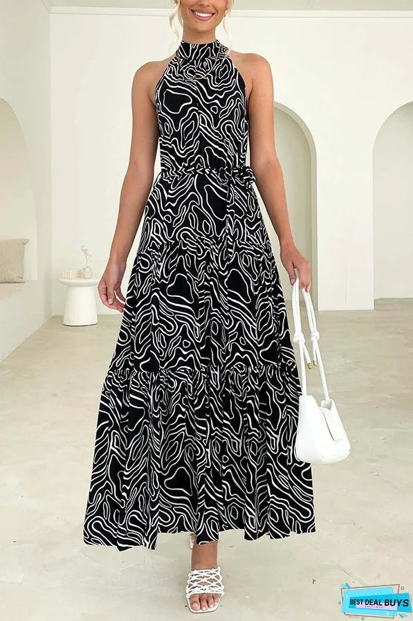 Elegant Loose Fashion Trend Print Lace Up Swing Dress