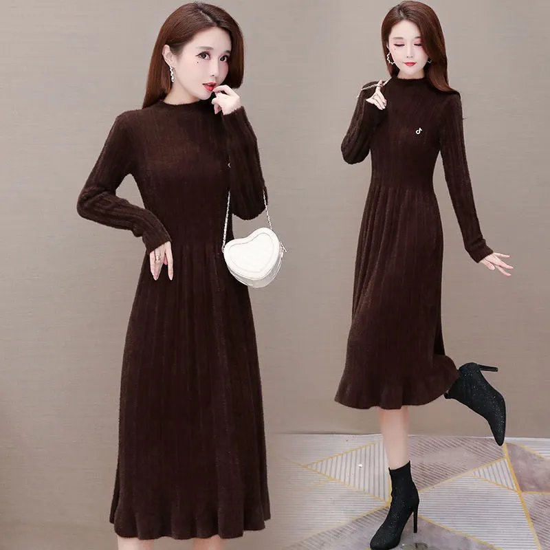 Office Lady Mink Cashmere Dress Long Women's Autumn Winter 2021 New Fashion Temperament Slim Waist Foreign Style Fur Skirt Dress