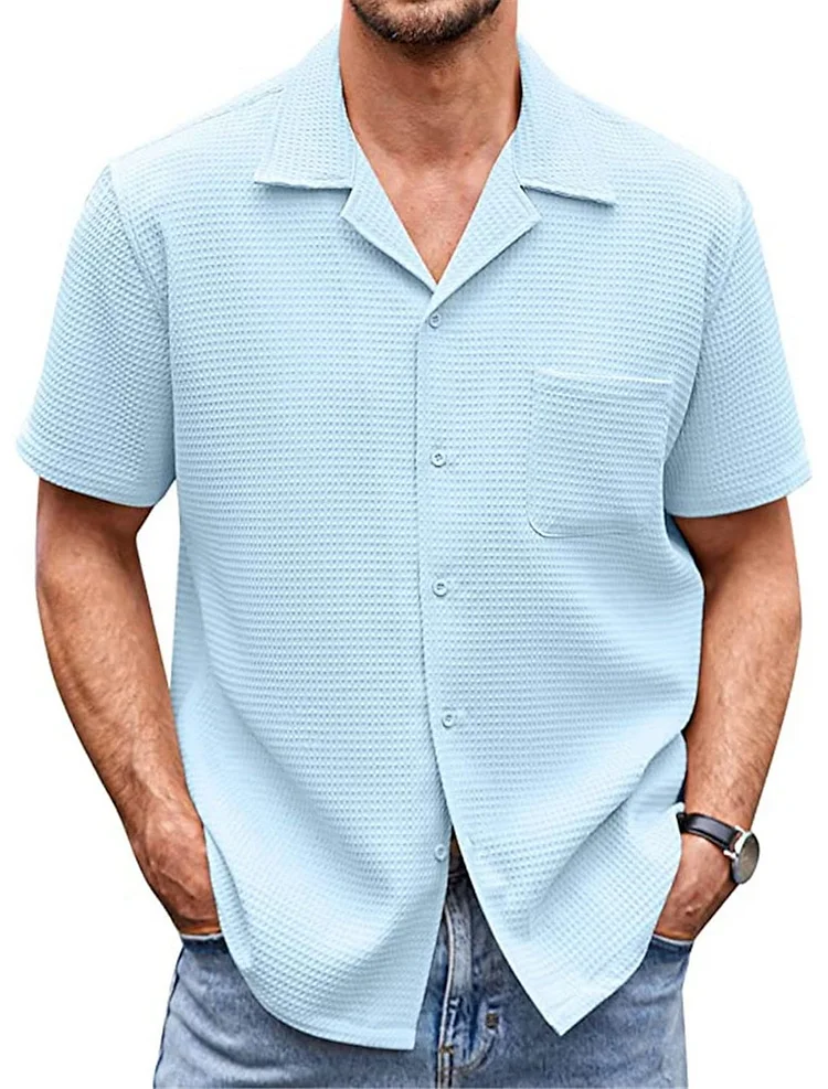 Men's Cuban Collar Pocket Waffle Basic Simple Everyday Casual Shirt