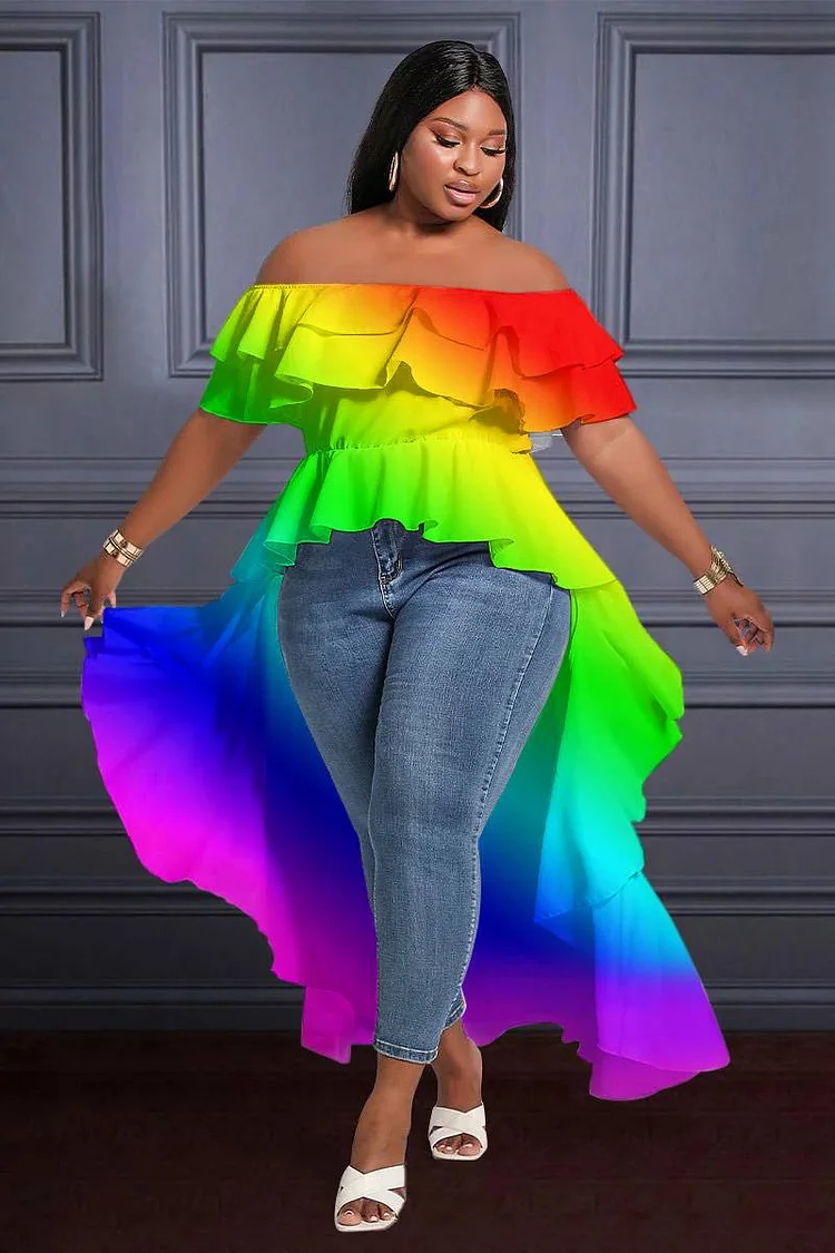 Xpluswear Design Plus Size Multicolor Casual Off Shoulder Rainbow Print Ruffle Midi Dresses 