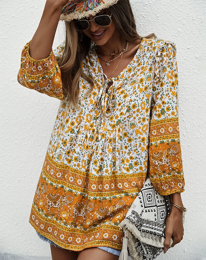 Women's Simian Style Lace-Up Loose Blouses