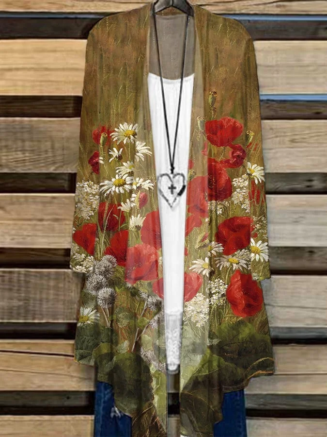 Retro Poppies And Daisies Flower Oil Painting Print Cardigan