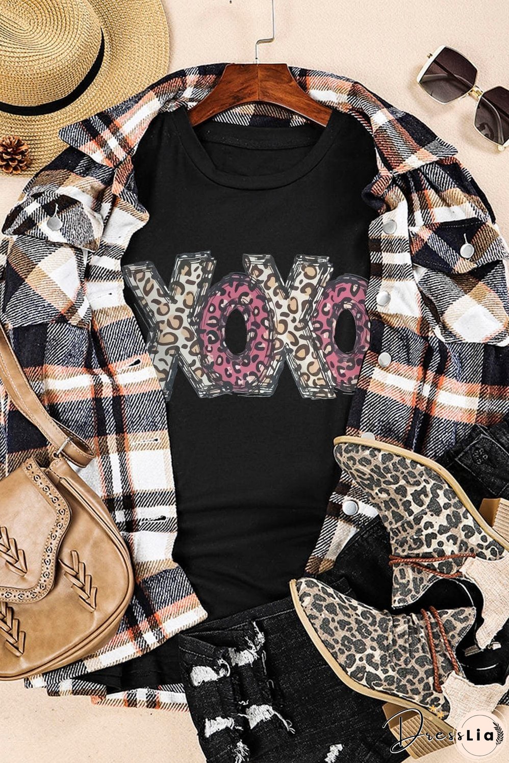 Black and Leopard Print XOXO T-Shirt, Casual Wear