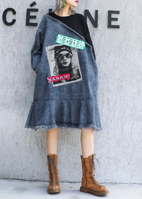 VCSHOES o neck Ruffles Cotton tunic dress denim blue patchwork black Dress