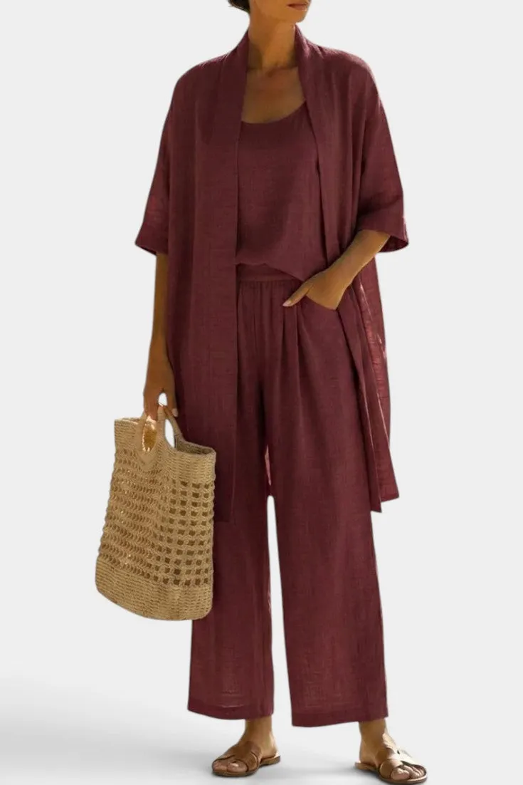 Linen Kimono Set with Drapey Collar & Wide Leg Pants