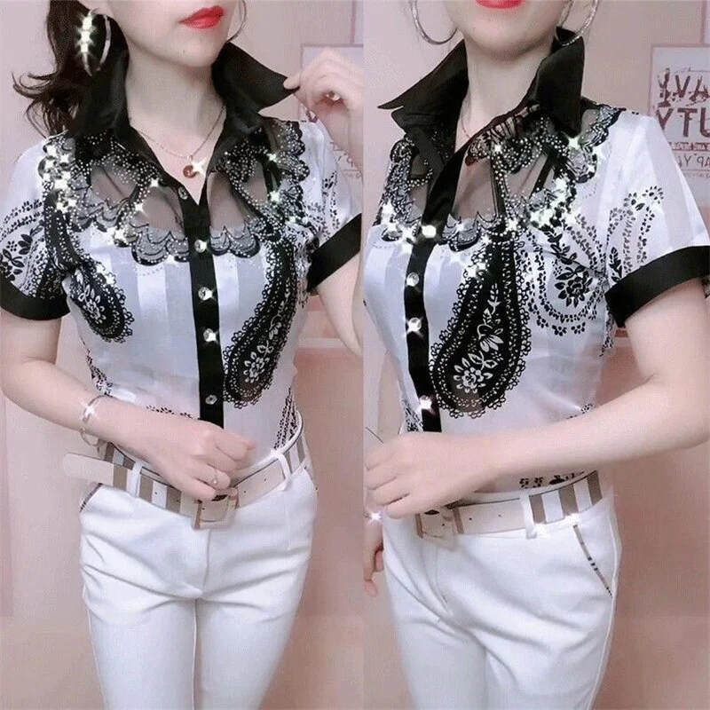 Women'S Blouse Tops Summer Lace Chiffon Shirts lapel Stitching Printing Buttons Female Blusas Offce Lady Shirts chemises fleurs