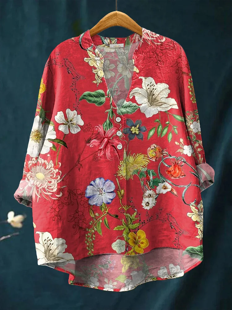 Women's Red Vintage Art Flower Print Casual Cotton And Linen Ruffle Shirt