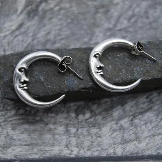 Vintage Antique Silver Engraved Thick MOON Hoop Earrings